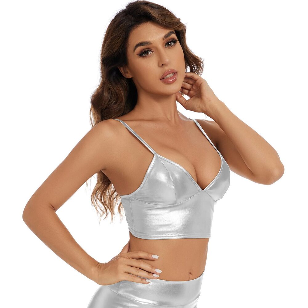 2940 Metallic Crop Tops Shiny V-Neck Tube Bra for Dancing Raves - Picture 3 of 5